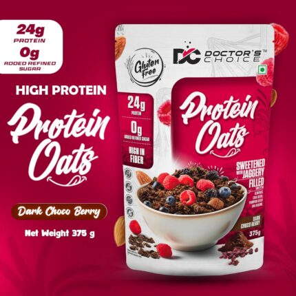 DC DOCTORS CHOICE Oats, High Protein Oats Flake, 24G Pure Protein Breakfast Cereals, Jaggery Sweetened, Rich In Fiber, No Additives And 0G Sugar. (375G, Dark Choco Berry)